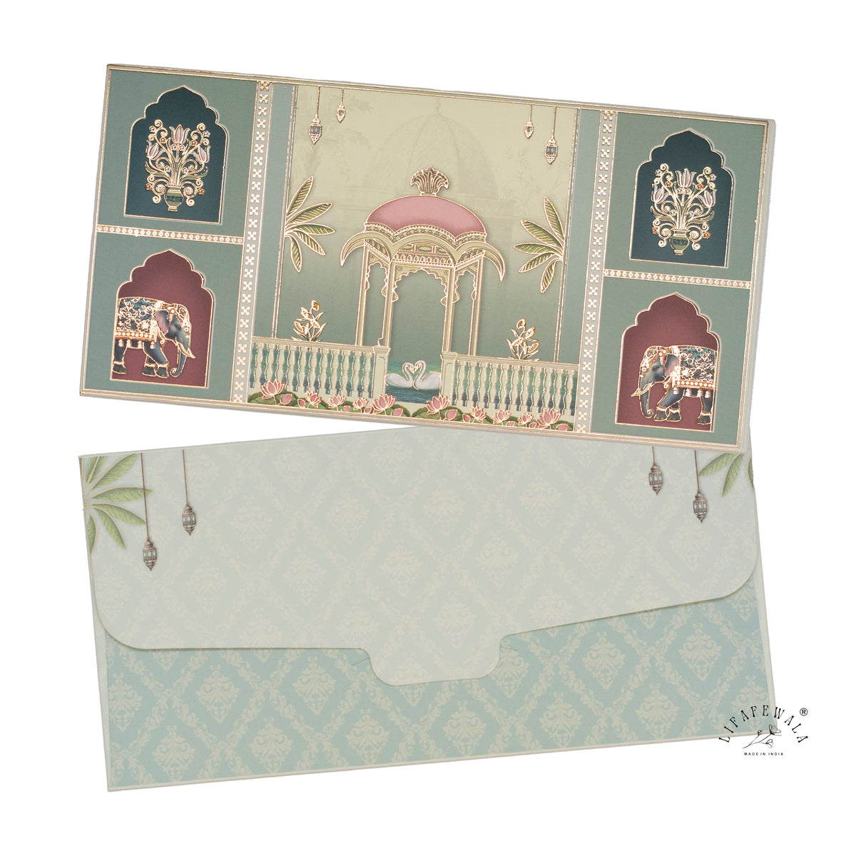 Mughal Gazebo & Royal Elephant matte shagun envelope by LIFAFEWALA – front and back, angled view