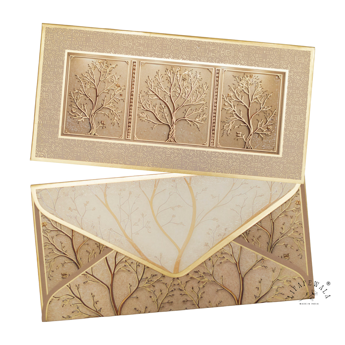 Champagne Tree of Life premium shagun envelope by LIFAFEWALA – front and back, angled view