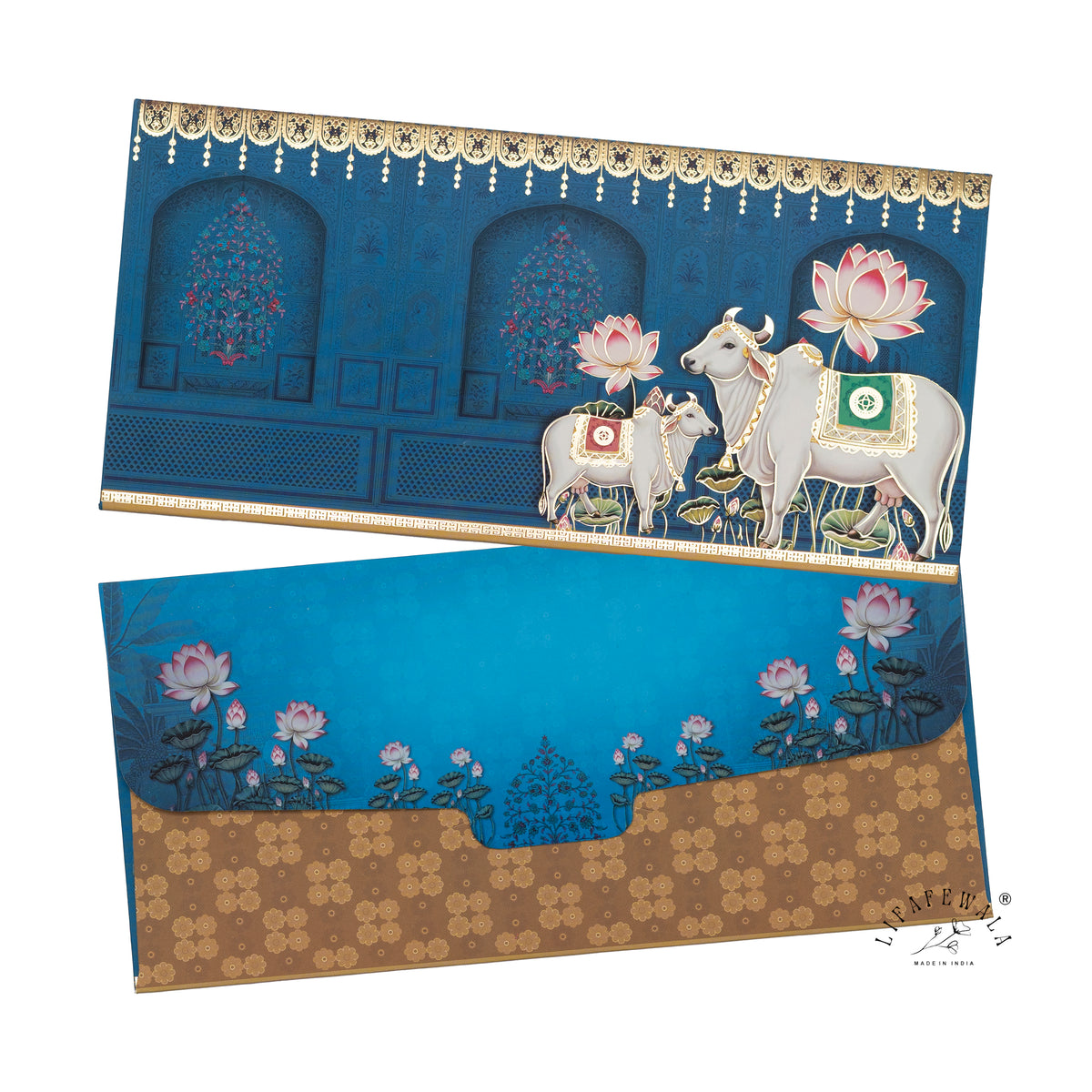 Blue Pichwai Cow and Calf velvet shagun envelope by LIFAFEWALA – front and back, angled view