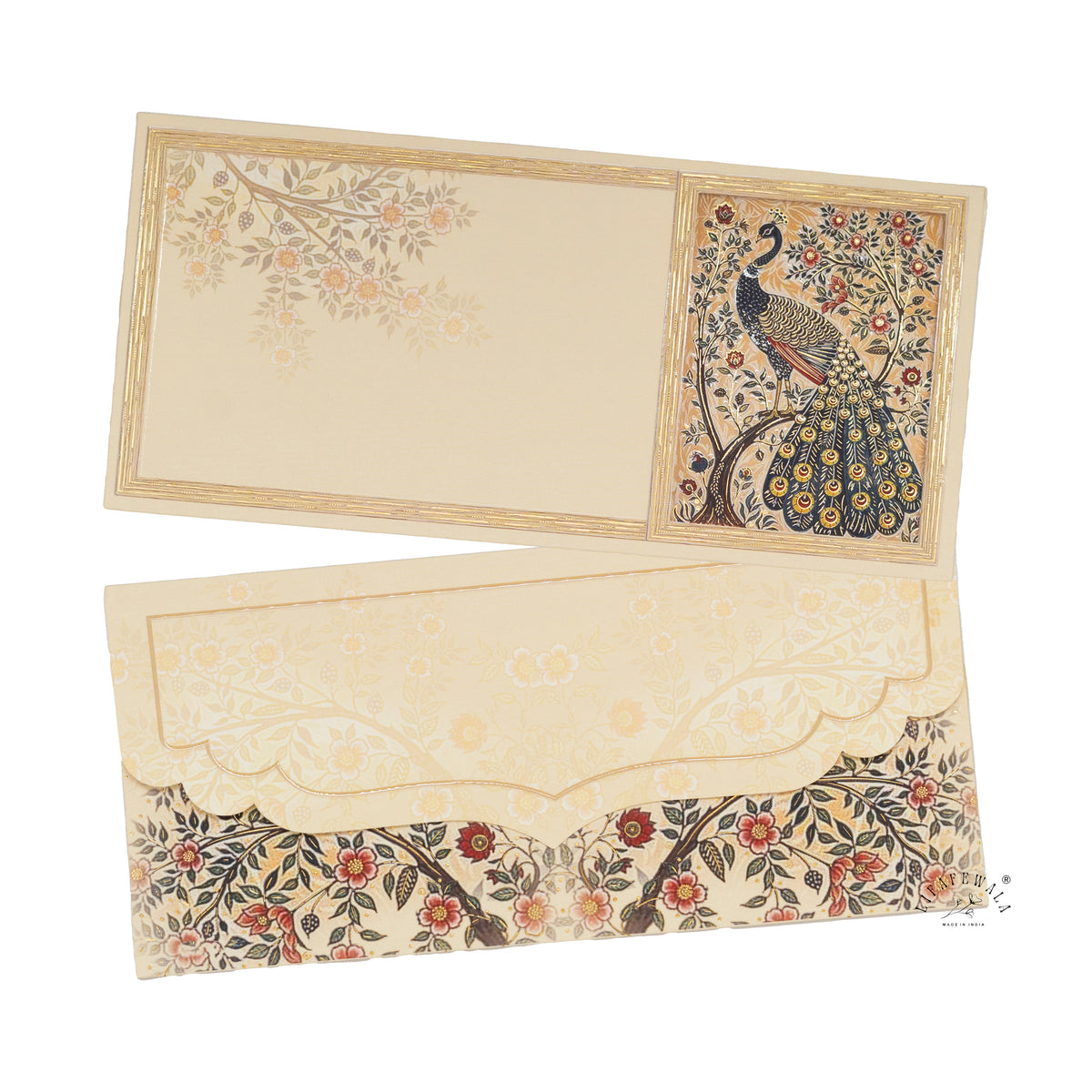 Golden Peacock & Blossom Tree velvet shagun envelope by LIFAFEWALA – front and back, angled view