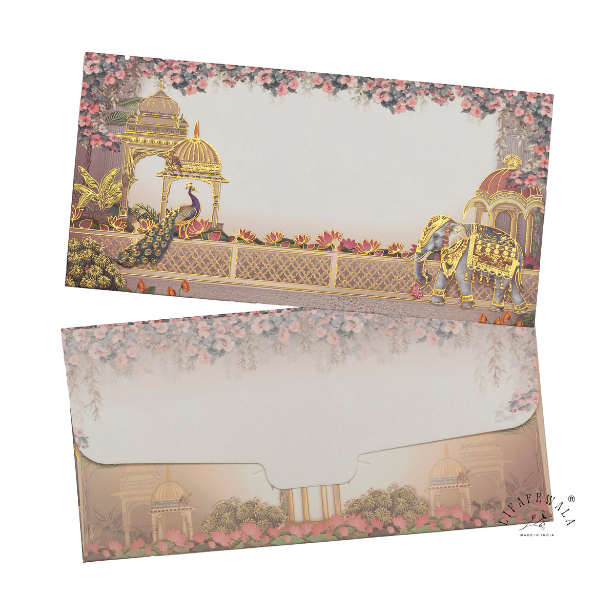 Peacock and Elephant Palace Terrace matte shagun envelope by LIFAFEWALA – front and back, angled view