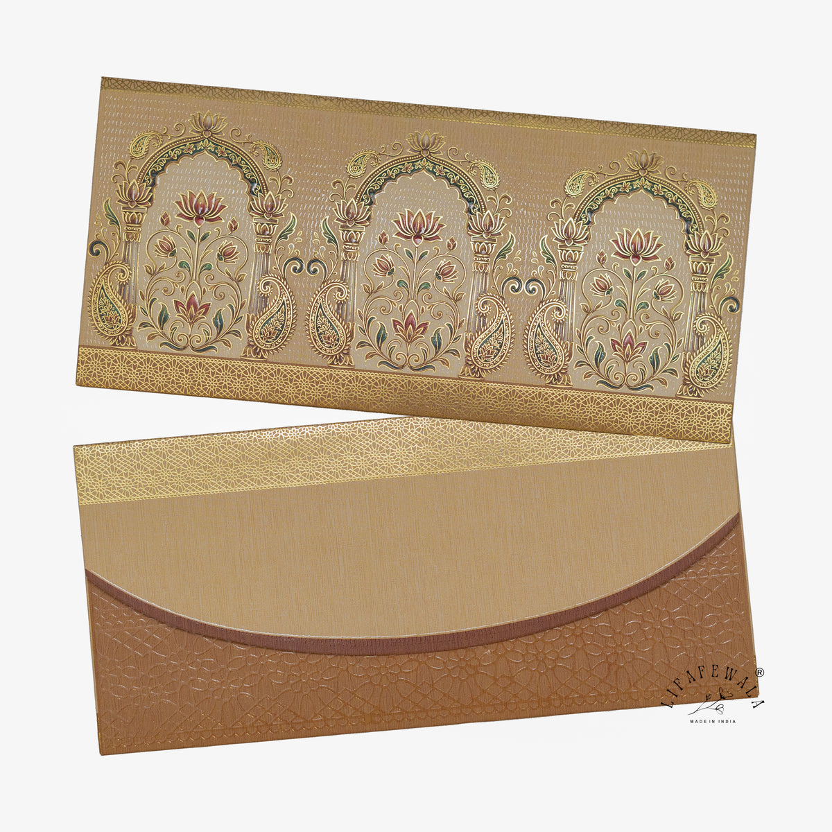 Mughal Arch Lotus Bouquet matte UV shagun envelope by LIFAFEWALA – front and back, angled view