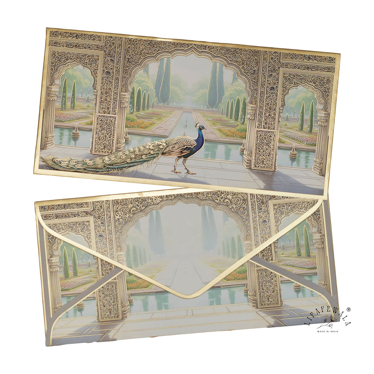 Marble Jaali Mughal Garden premium shagun envelope by LIFAFEWALA – front and back, angled view