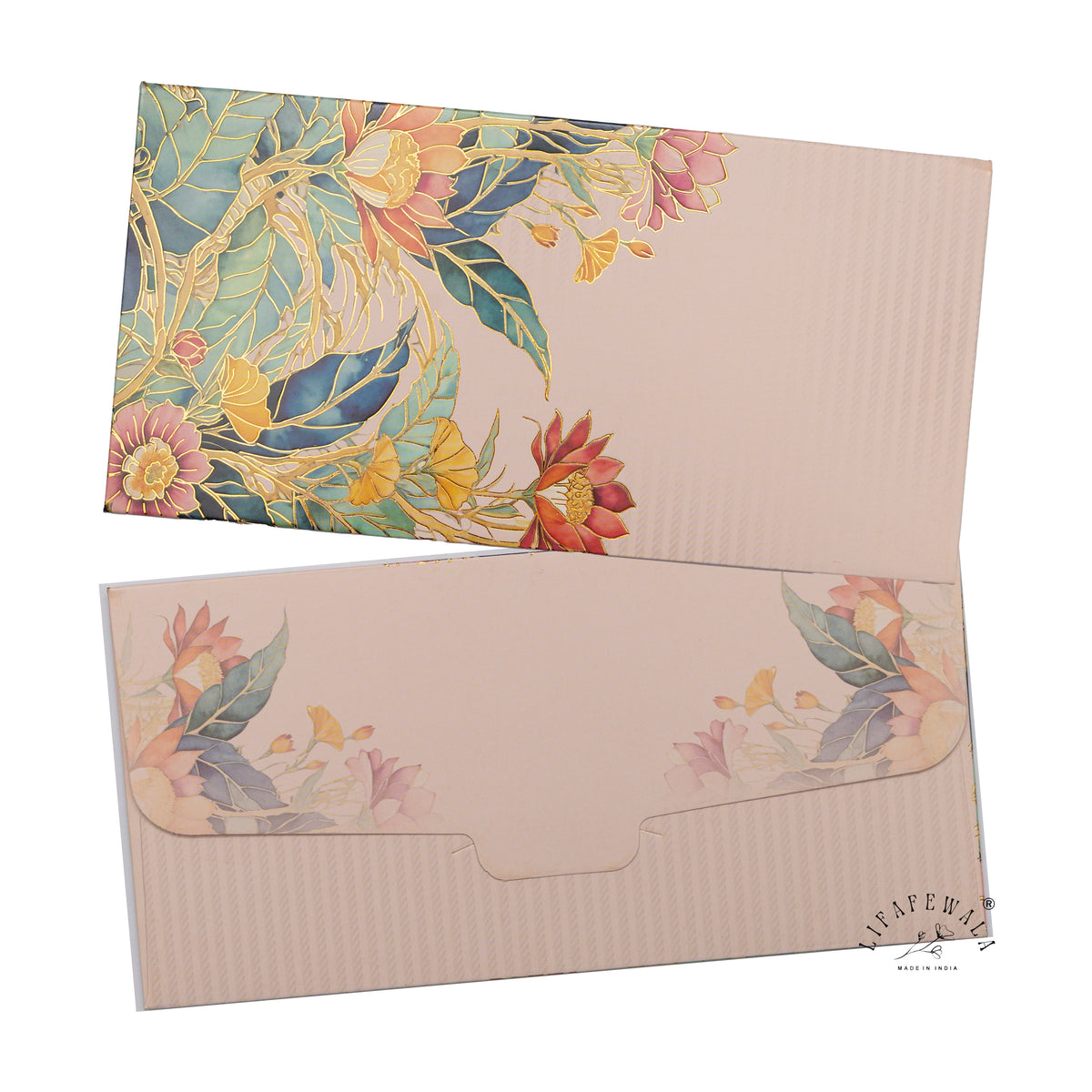 Blush Stained Glass Floral digital print shagun envelope by LIFAFEWALA – front and back, angled view