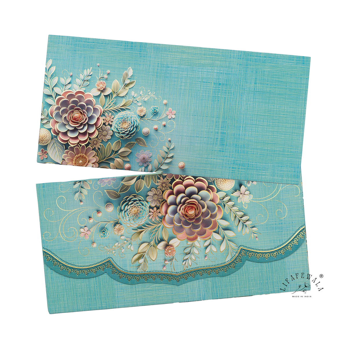 Aqua Blossom Bouquet velvet shagun envelope by LIFAFEWALA – front and back, angled view
