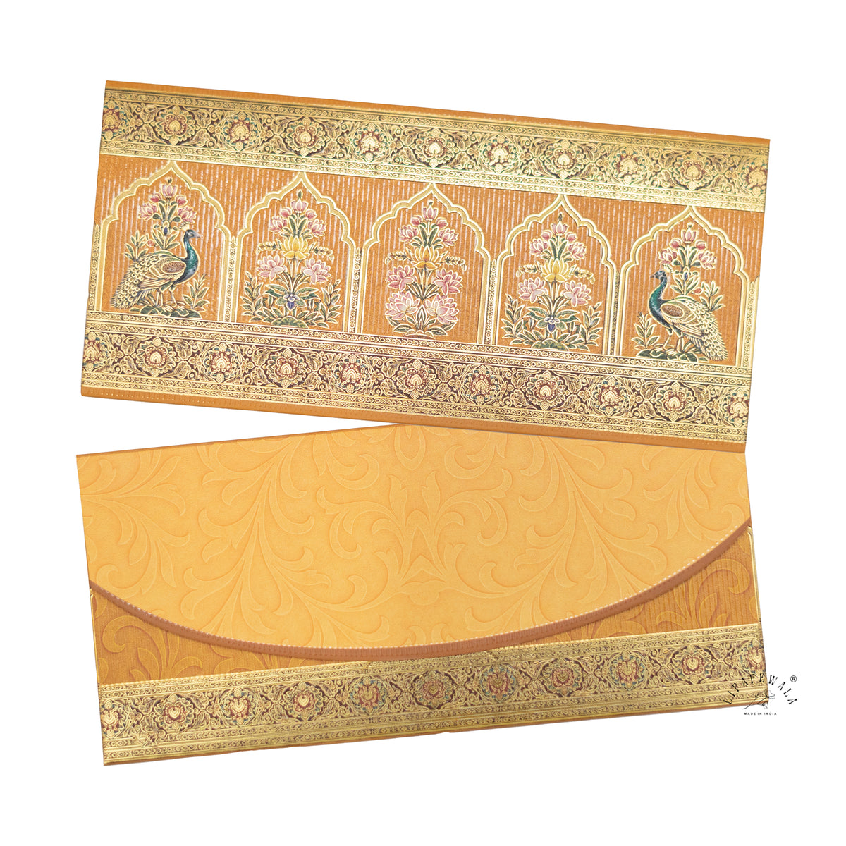 Mughal Arch Peacock & Lotus matte UV shagun envelope by LIFAFEWALA – front and back, angled view