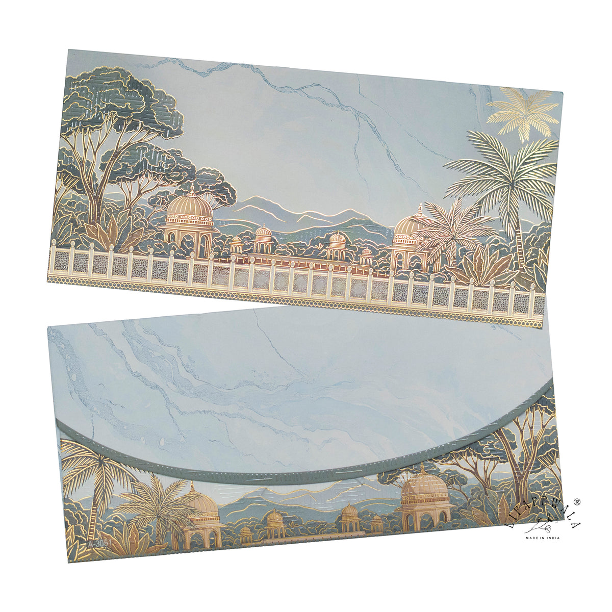 Blue Marble Palace Landscape matte UV shagun envelope by LIFAFEWALA – front and back, angled view