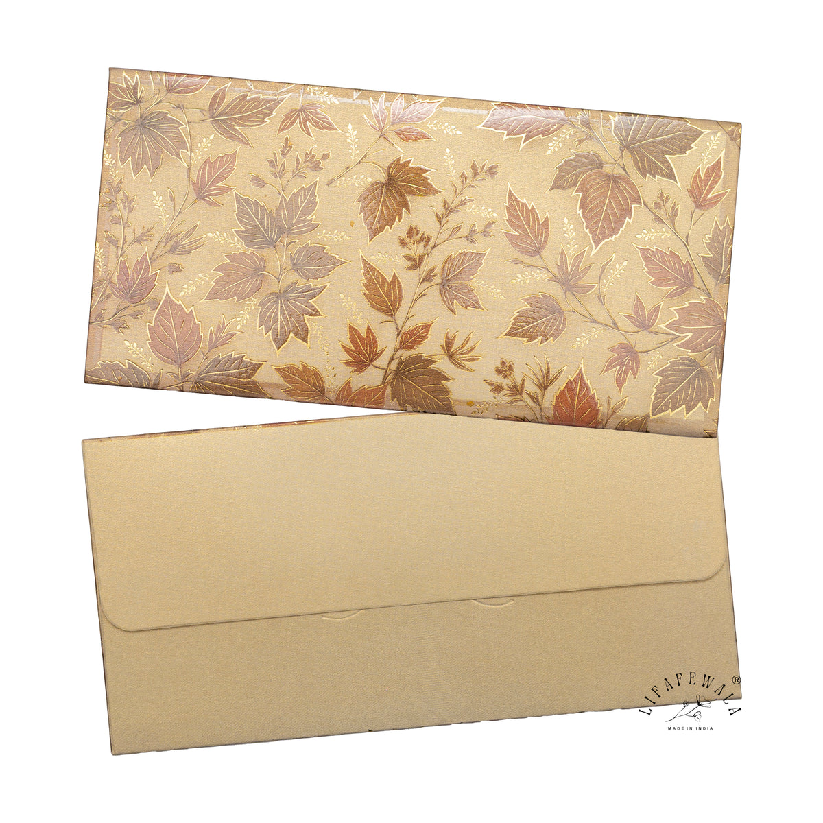 Golden Autumn Leaves scented metallic shagun envelope by LIFAFEWALA – front and back, angled view