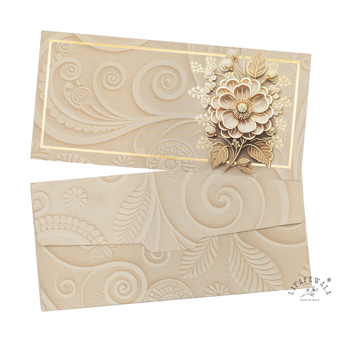 Ivory 3D Look Flower Bouquet velvet shagun envelope by LIFAFEWALA – front and back, angled view