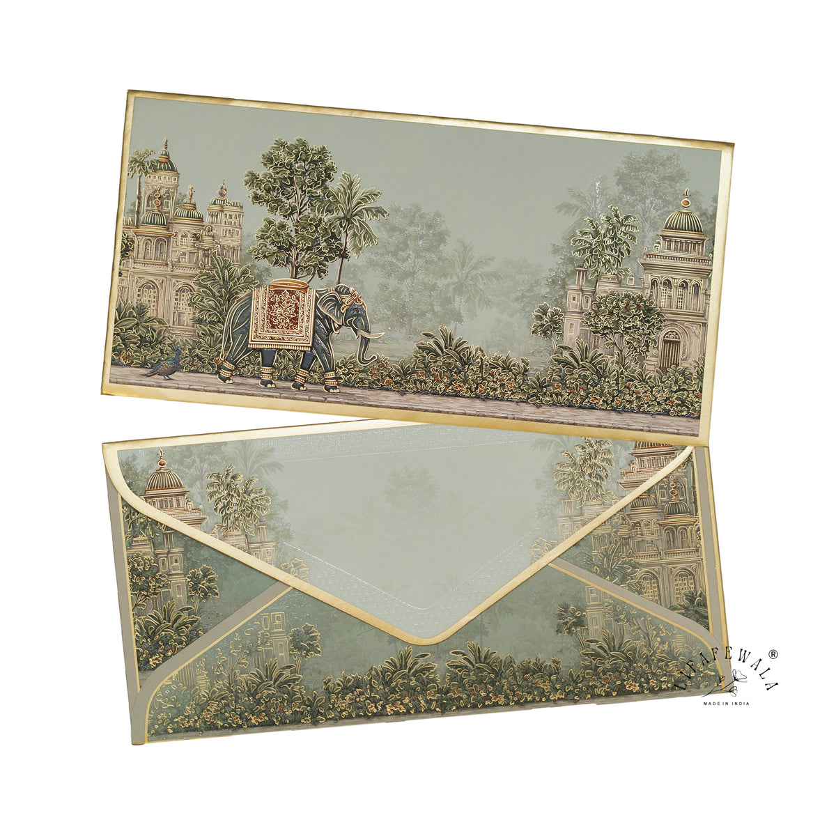 Royal Elephant Palace Garden premium shagun envelope by LIFAFEWALA – front and back, angled view