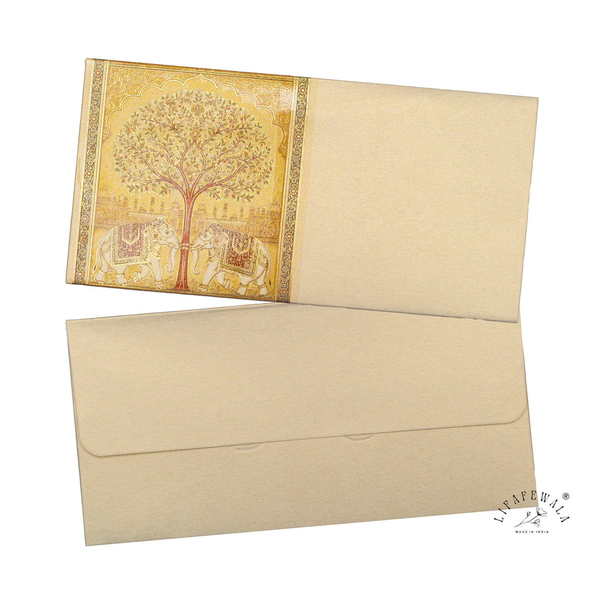 Tree of Life Twin Elephants scented metallic shagun envelope by LIFAFEWALA – front and back, angled view