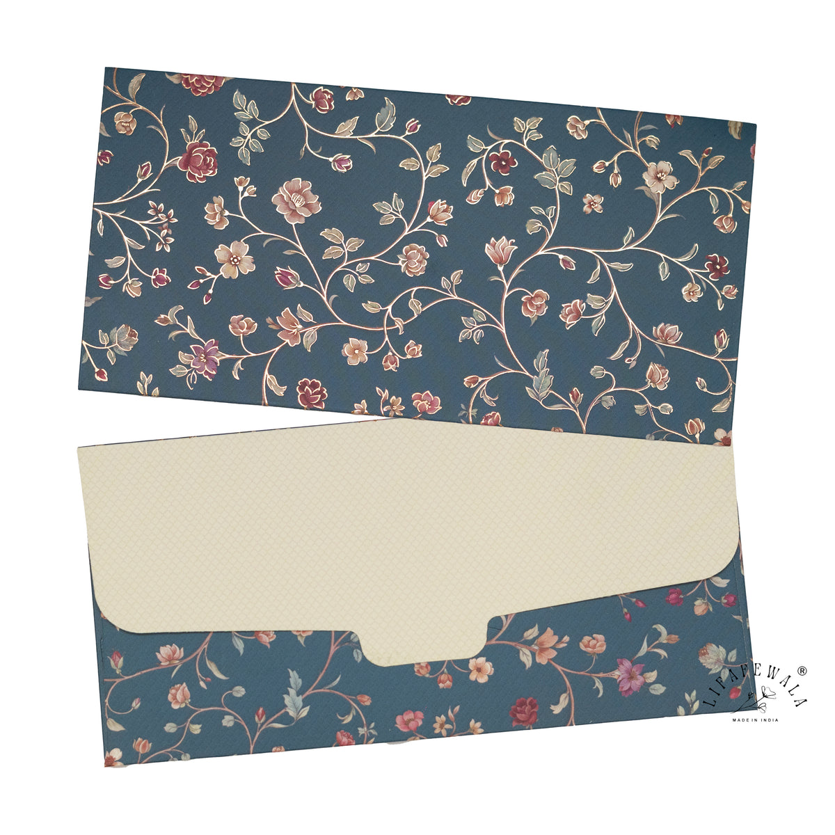 Navy Ditsy Floral Vine matte shagun envelope by LIFAFEWALA – front and back, angled view