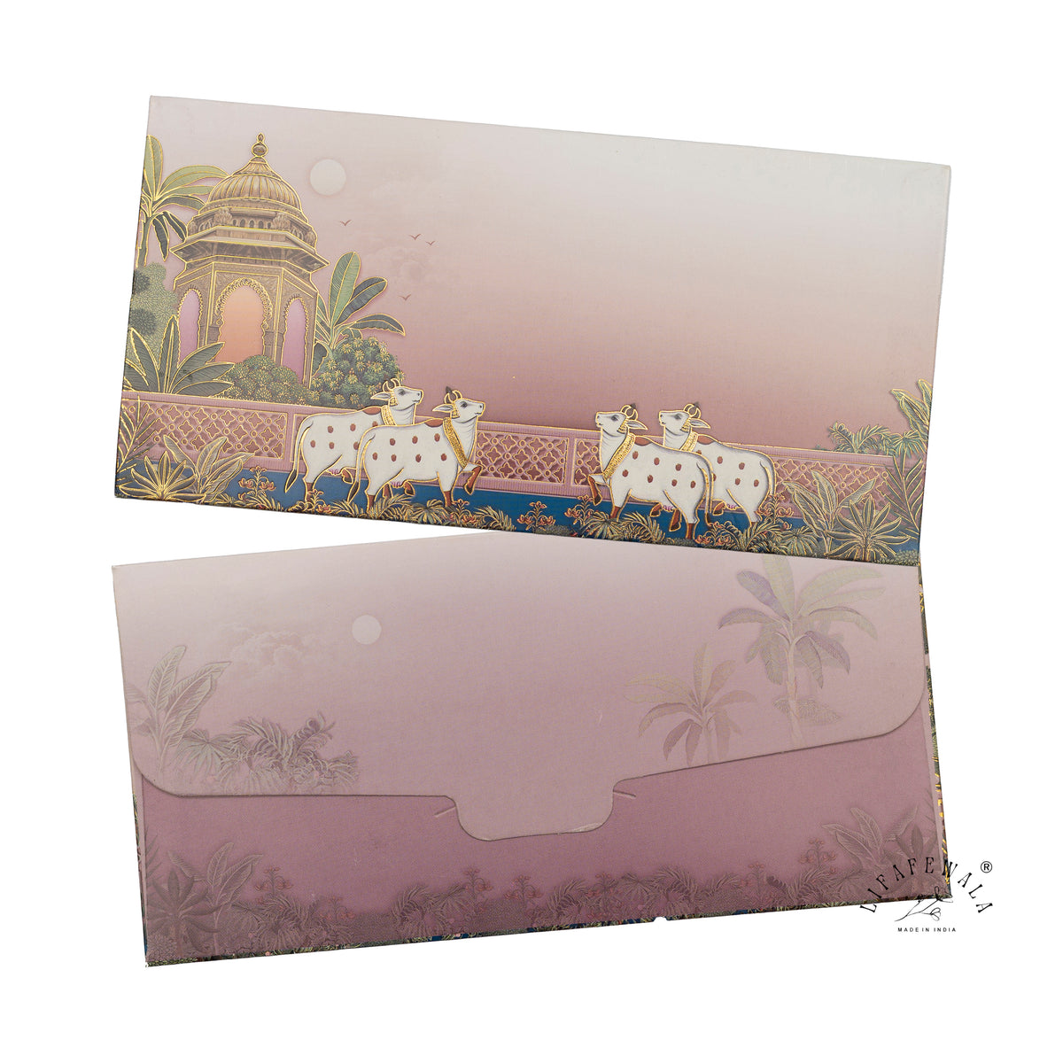 Pichwai Cows and Chhatri digital print shagun envelope by LIFAFEWALA – front and back, angled view