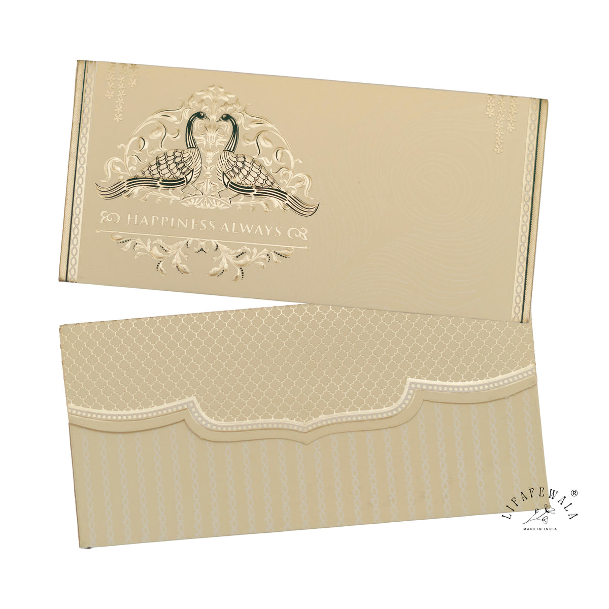 Happiness Always Twin Peacock metallic shagun envelope by LIFAFEWALA – front and back, angled view