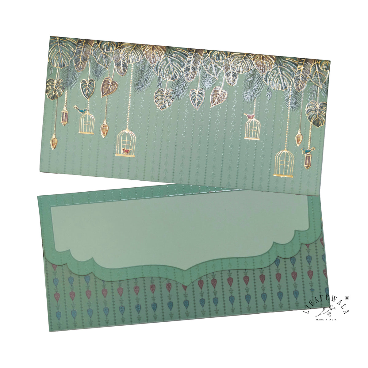 Sage Green Birdcage & Lantern matte shagun envelope by LIFAFEWALA – front and back, angled view