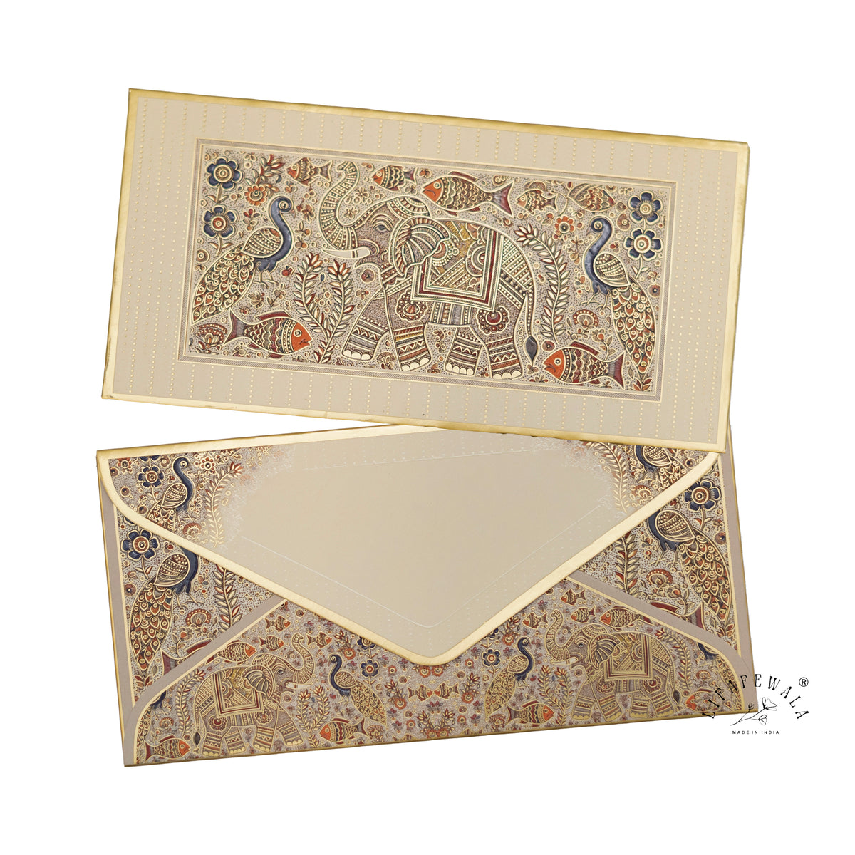 Madhubani Elephant & Peacock premium shagun envelope by LIFAFEWALA – front and back, angled view