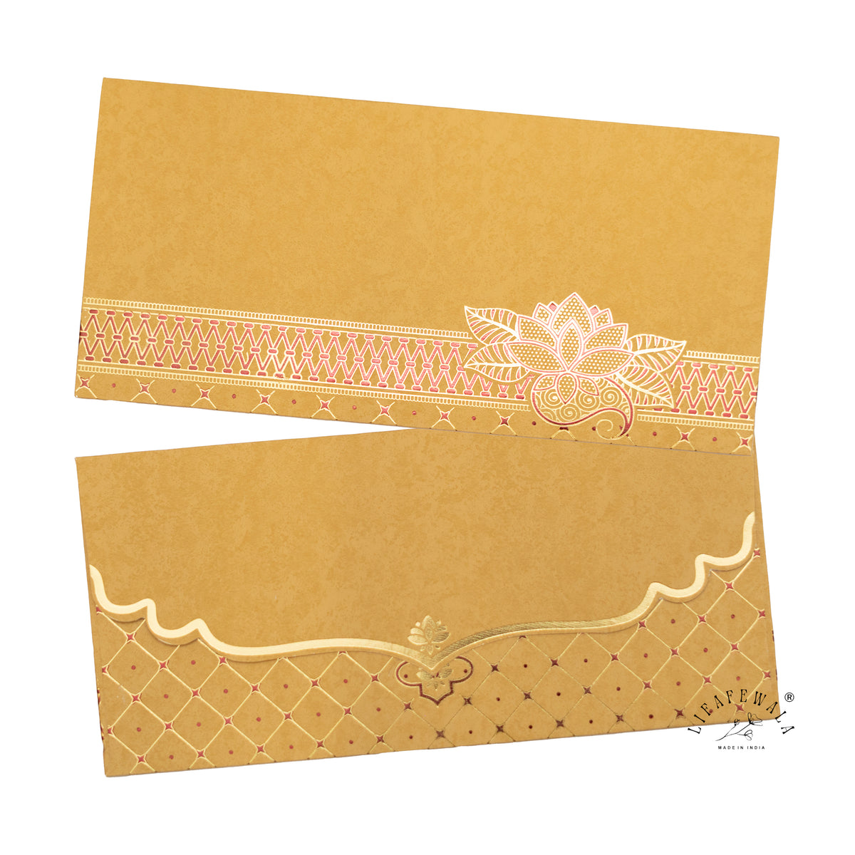 Golden Kamal Lotus velvet shagun envelope by LIFAFEWALA – front and back, angled view