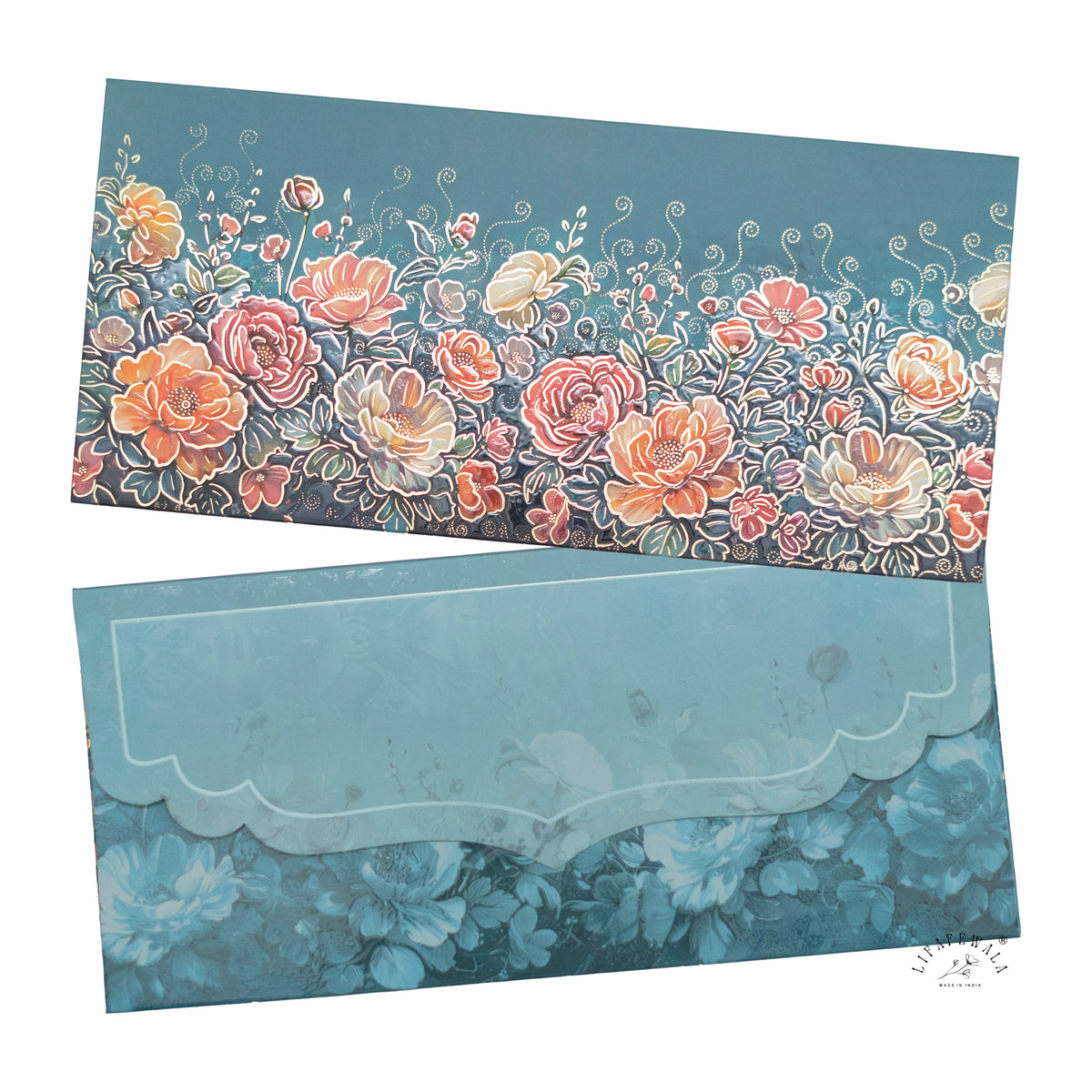 Dusty Blue Rose Garden matte shagun envelope by LIFAFEWALA – front and back, angled view