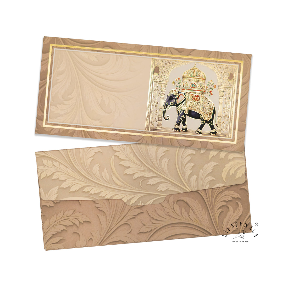 Royal Elephant Howdah velvet shagun envelope by LIFAFEWALA – front and back, angled view