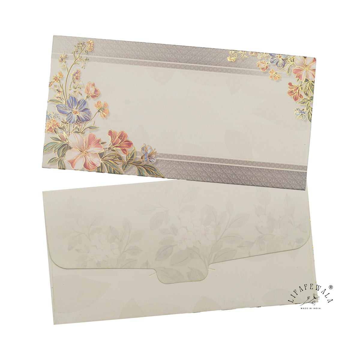 Grey Band Pastel Floral digital print shagun envelope by LIFAFEWALA – front and back, angled view