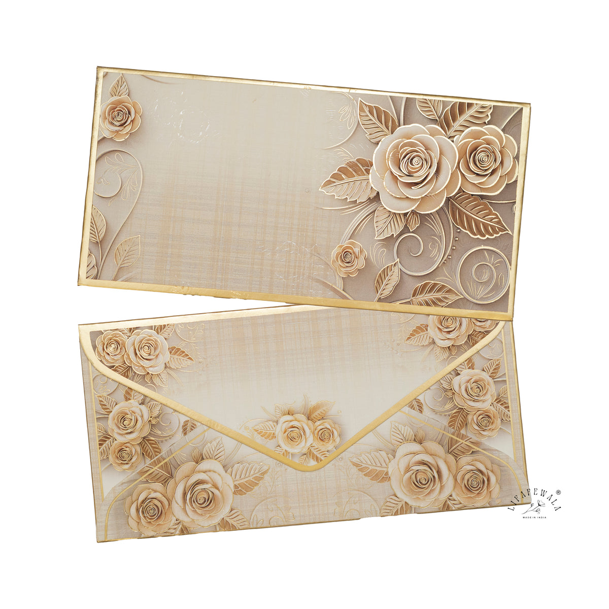 Ivory Rose Bouquet premium shagun envelope by LIFAFEWALA – front and back, angled view