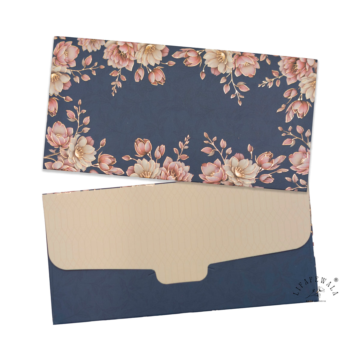 Navy Blue Blush Blossom matte shagun envelope by LIFAFEWALA – front and back, angled view