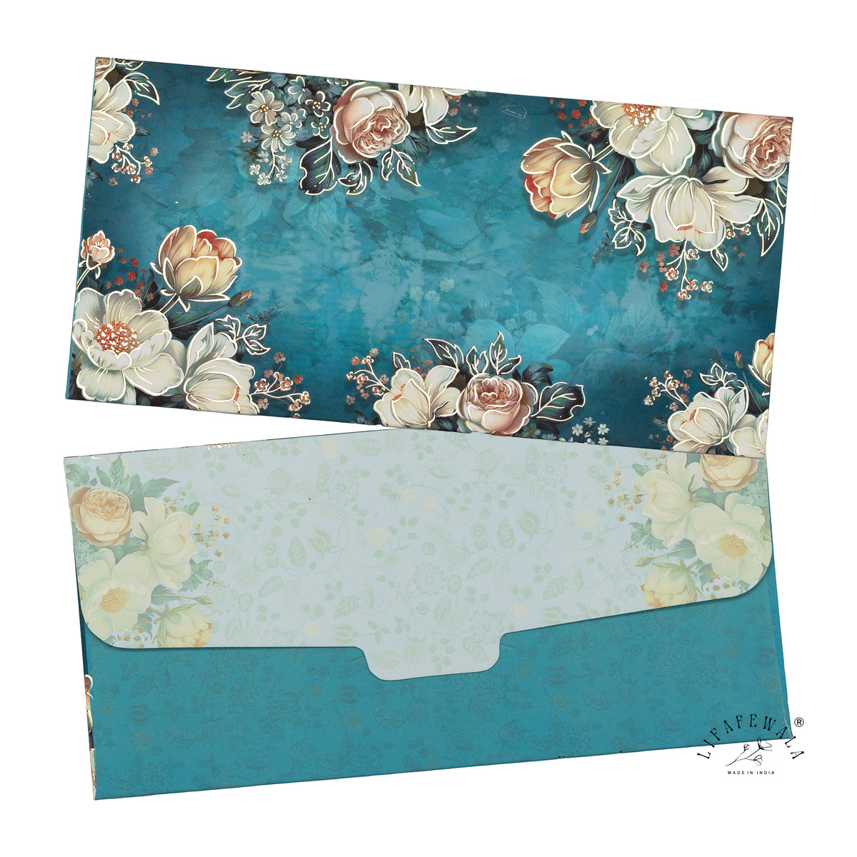 Teal Vintage Roses velvet shagun envelope by LIFAFEWALA – front and back, angled view