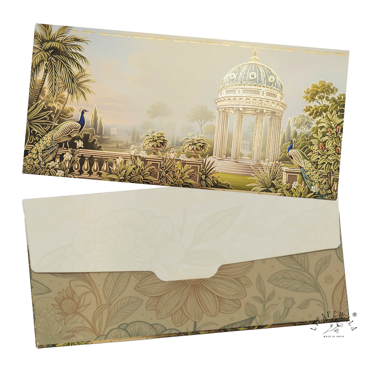 Vintage Garden Rotunda & Peacock velvet shagun envelope by LIFAFEWALA – front and back, angled view