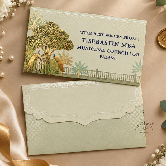 Sage Peacock Garden Terrace Pocket Shagun Envelopes | LIFAFEWALA (Velvet+UV Gold Foil, Pocket Size 5.3 × 3.2 in, Pack of 20–200)