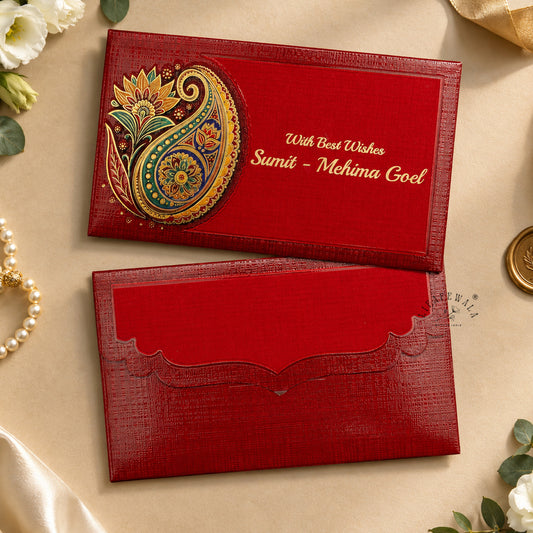 Red Paisley Lotus Pocket Shagun Envelopes | LIFAFEWALA (Velvet+UV Gold Foil, Pocket Size 5.3 × 3.2 in, Pack of 20–200)
