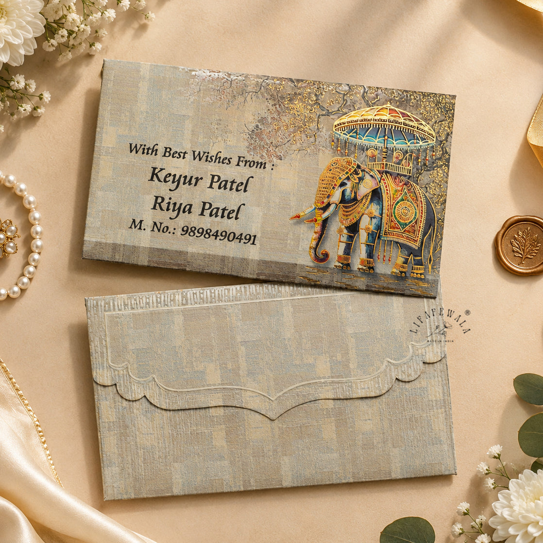 Grey Royal Elephant Chhatri Pocket Shagun Envelopes | LIFAFEWALA (Velvet+UV Gold Foil, Pocket Size 5.3 × 3.2 in, Pack of 20–200)
