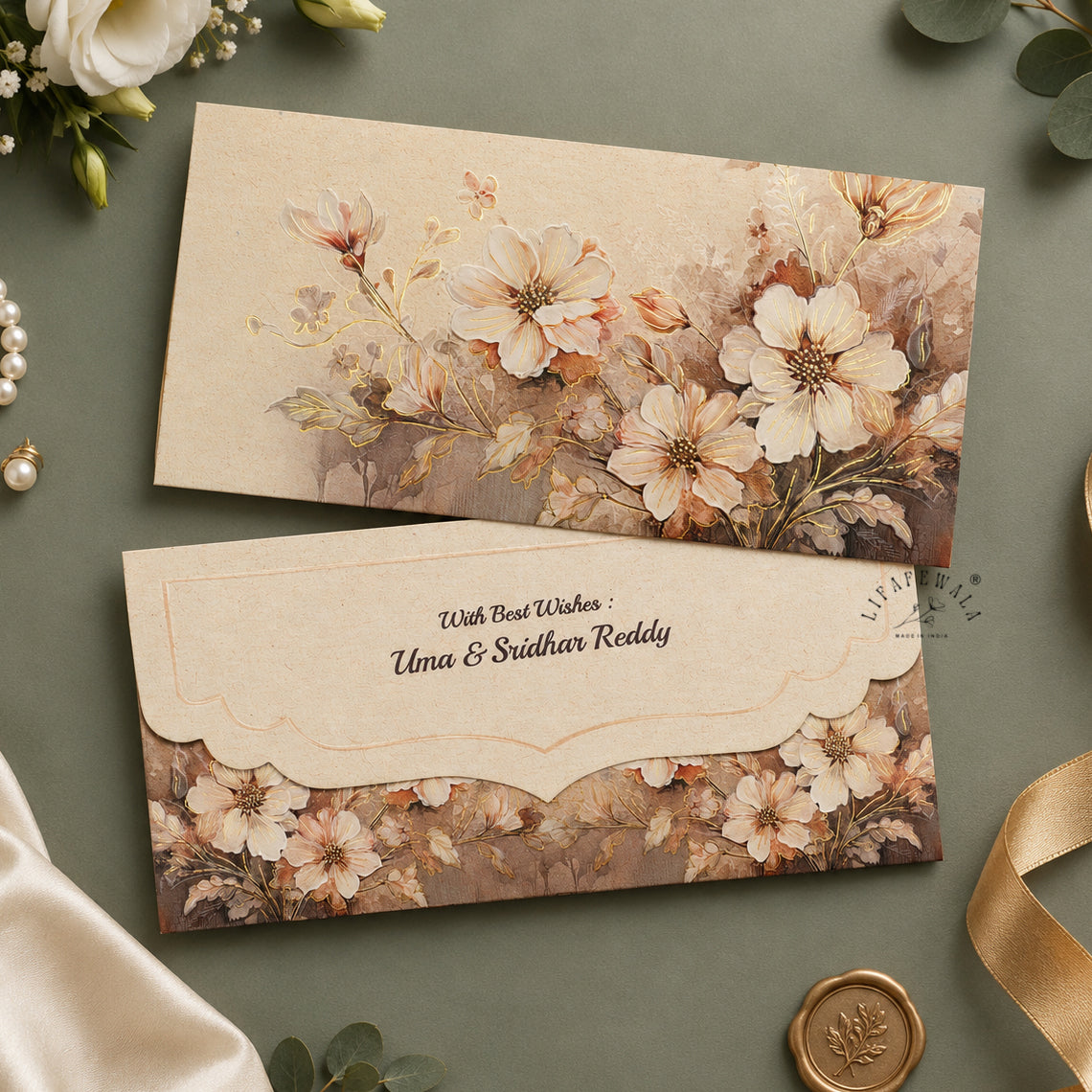 Velvet Touch Floral gold foil UV shagun envelope by LIFAFEWALA – main photo