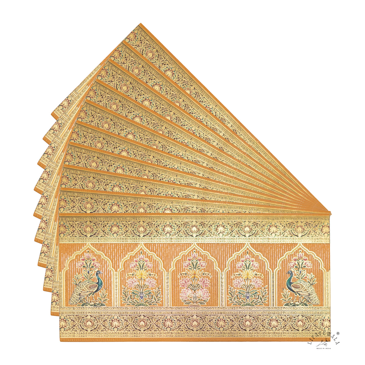 Mughal Arch Peacock & Lotus matte UV shagun envelope by LIFAFEWALA – fanned pack