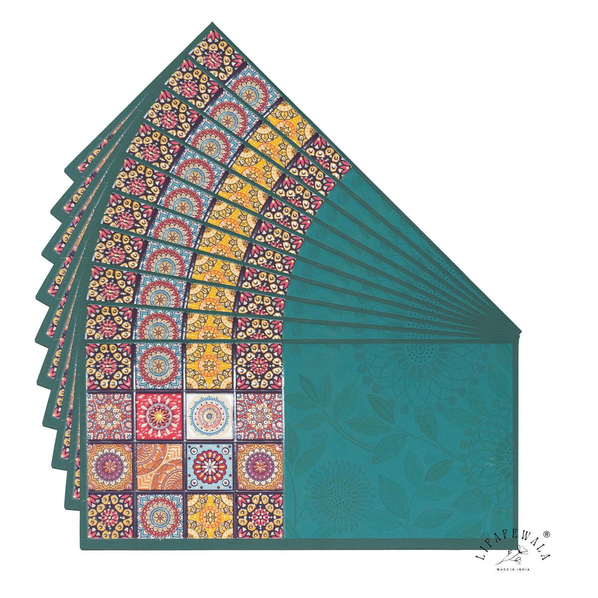 Teal Mandala Tile velvet UV shagun envelope by LIFAFEWALA – fanned pack