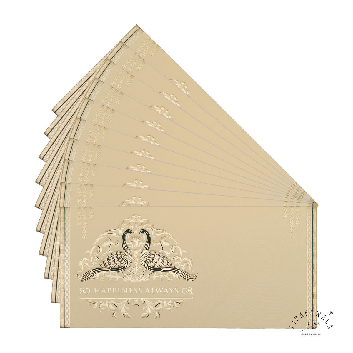 Happiness Always Twin Peacock metallic shagun envelope by LIFAFEWALA – fanned pack