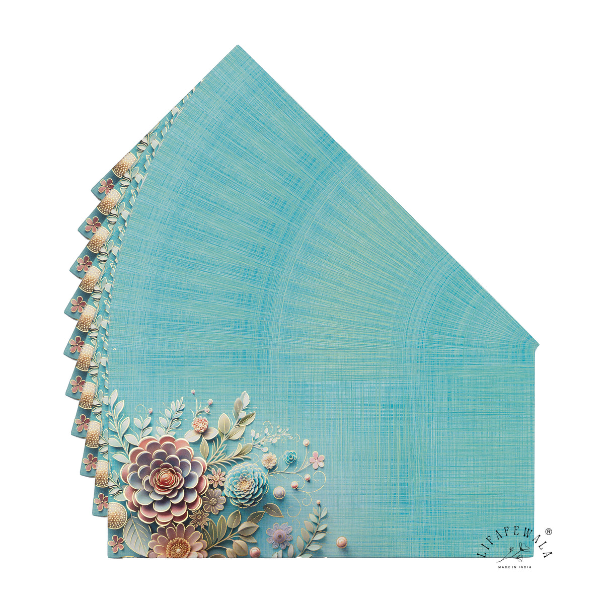 Aqua Blossom Bouquet velvet shagun envelope by LIFAFEWALA – fanned pack