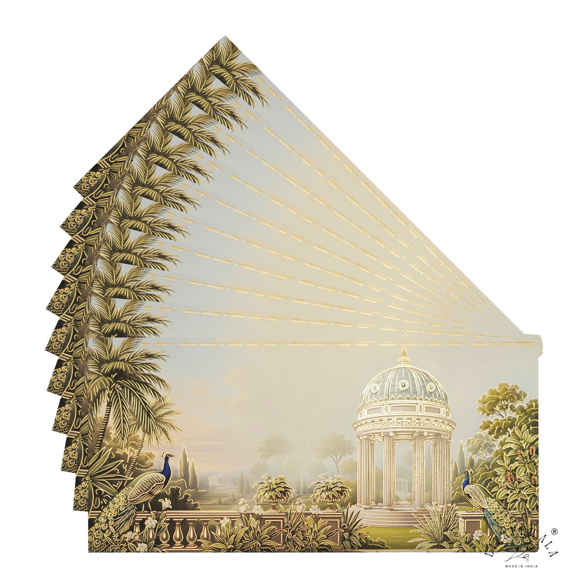 Vintage Garden Rotunda & Peacock velvet shagun envelope by LIFAFEWALA – fanned pack