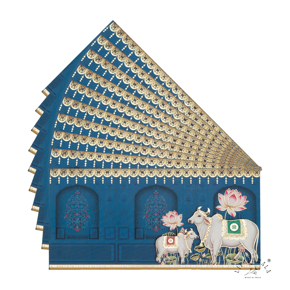 Blue Pichwai Cow and Calf velvet shagun envelope by LIFAFEWALA – fanned pack