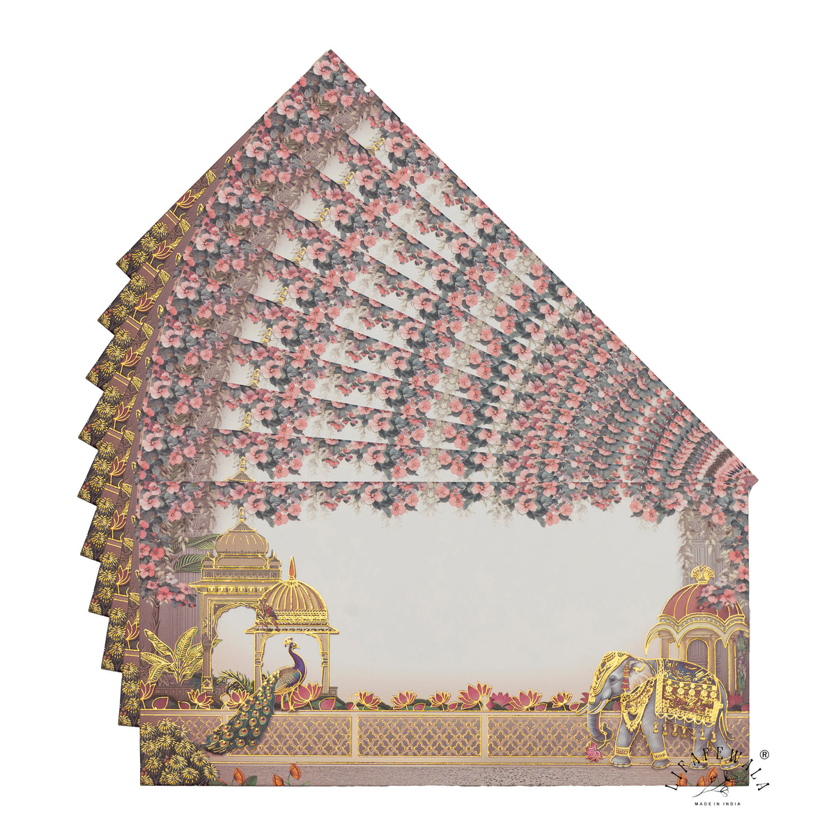 Peacock and Elephant Palace Terrace matte shagun envelope by LIFAFEWALA – fanned pack