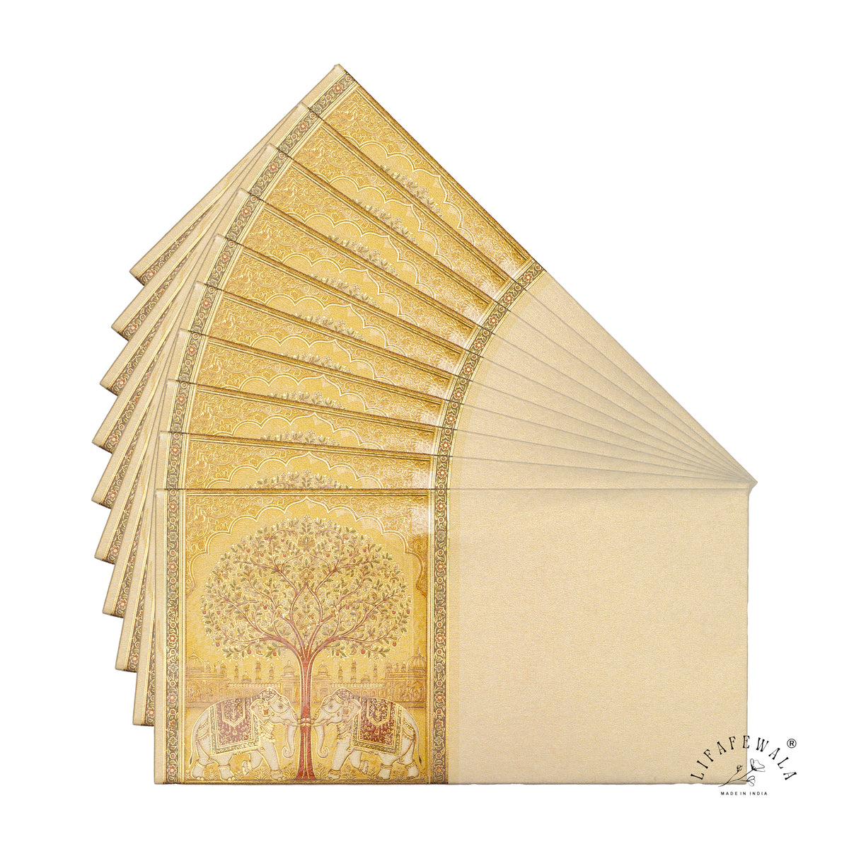 Tree of Life Twin Elephants scented metallic shagun envelope by LIFAFEWALA – fanned pack