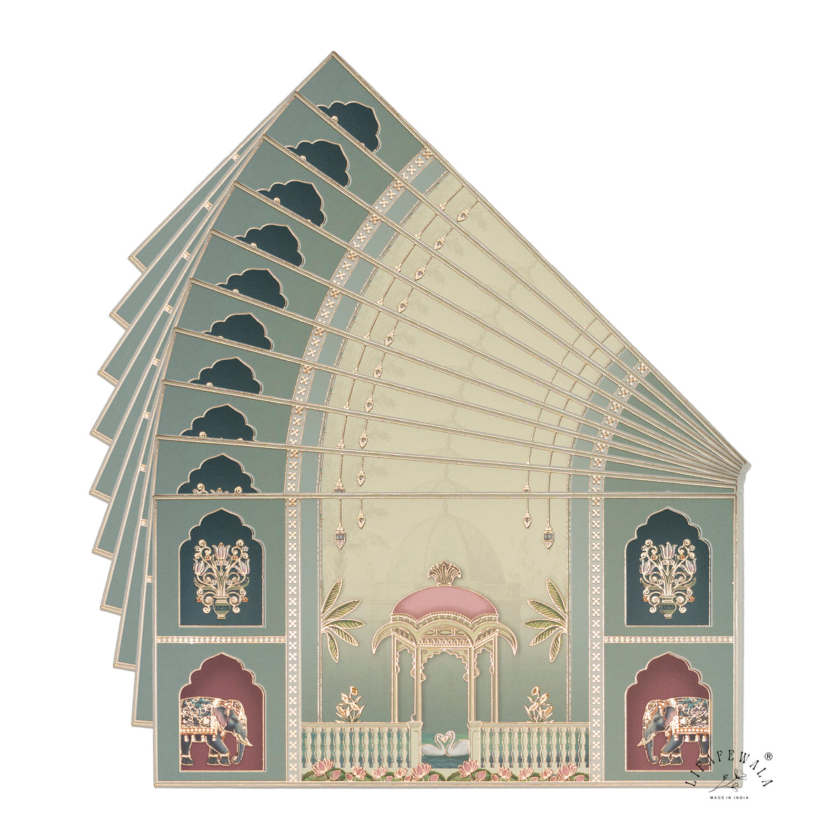 Mughal Gazebo & Royal Elephant matte shagun envelope by LIFAFEWALA – fanned pack