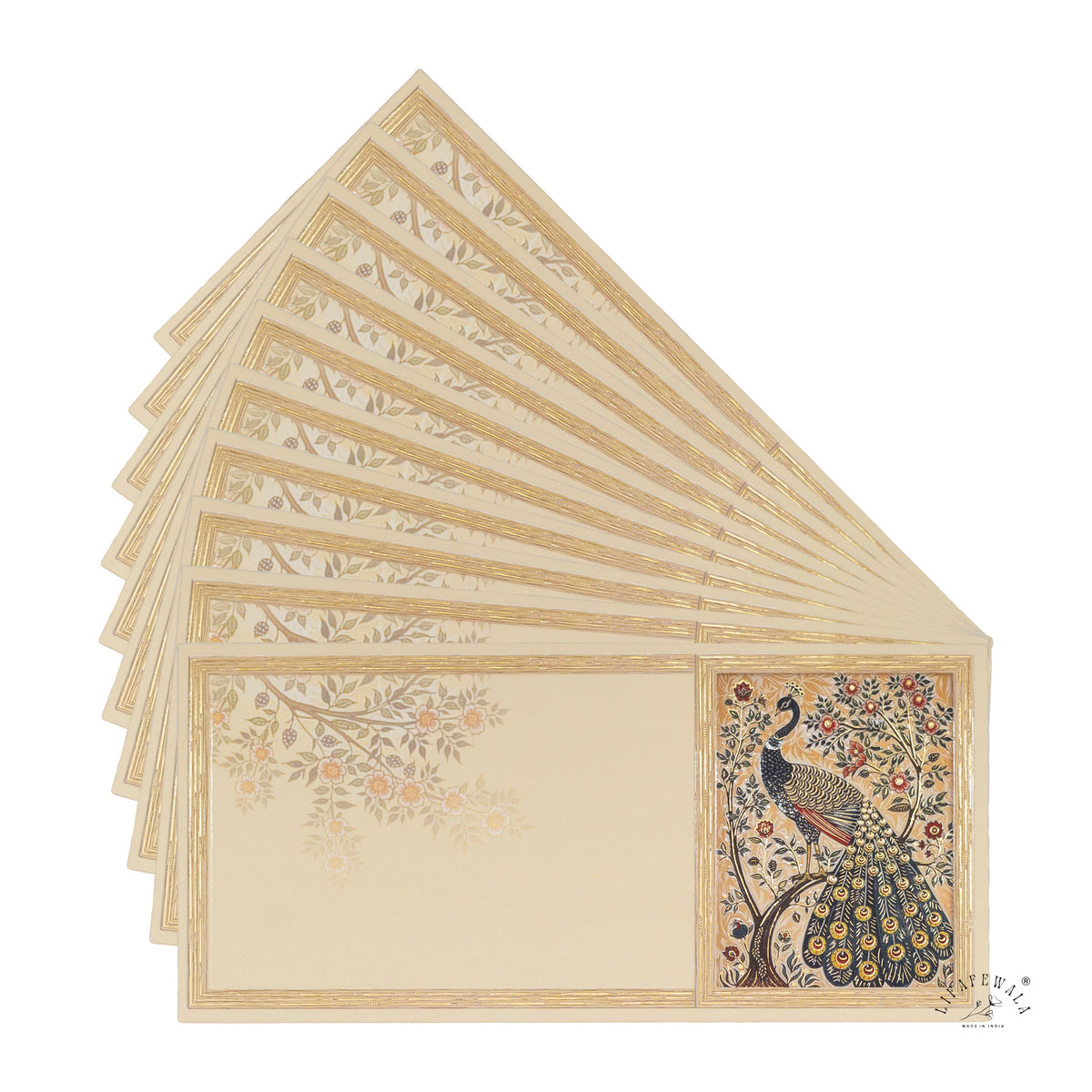 Golden Peacock & Blossom Tree velvet shagun envelope by LIFAFEWALA – fanned pack