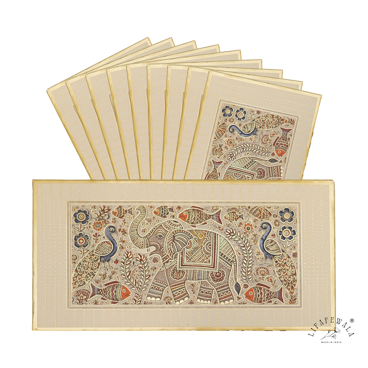 Madhubani Elephant & Peacock premium shagun envelope by LIFAFEWALA – pack with front view