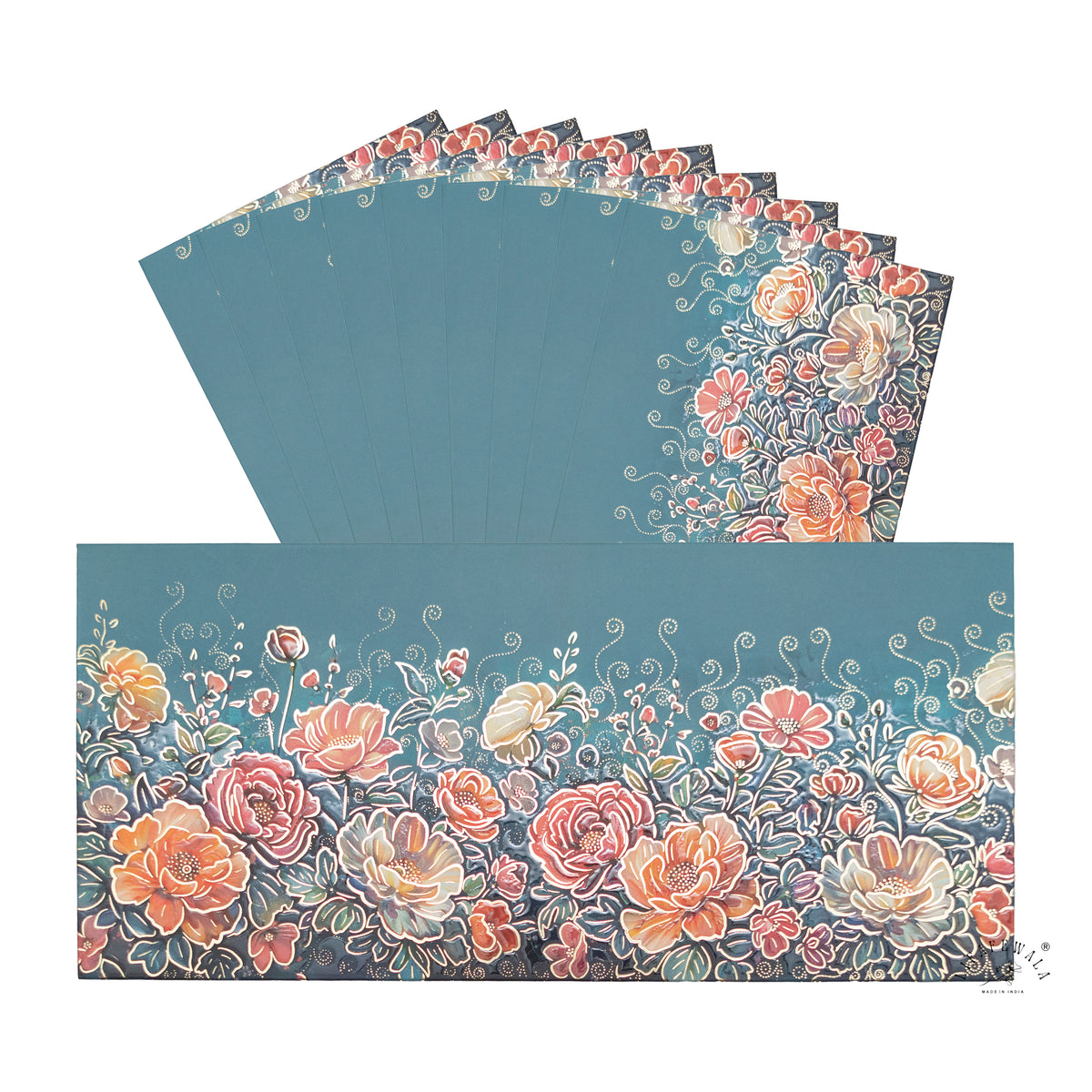 Dusty Blue Rose Garden matte shagun envelope by LIFAFEWALA – pack with front view