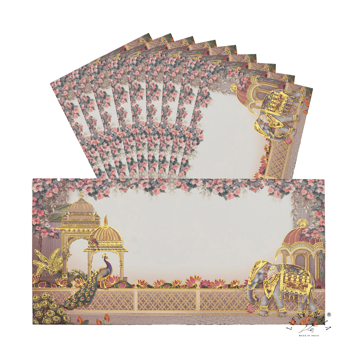 Peacock and Elephant Palace Terrace matte shagun envelope by LIFAFEWALA – pack with front view