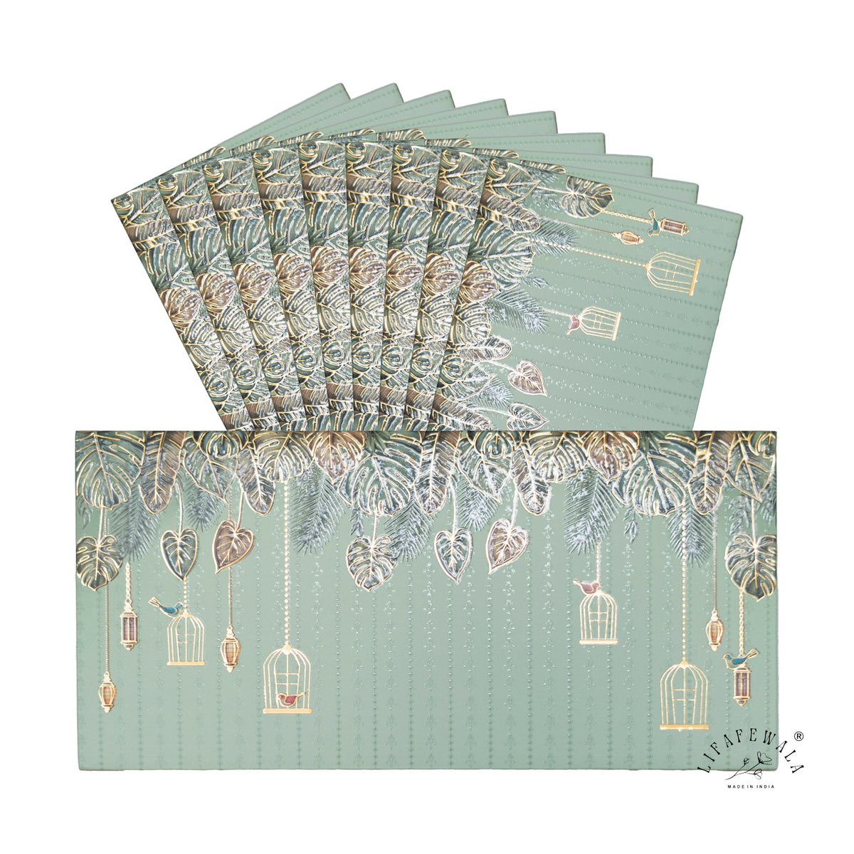 Sage Green Birdcage & Lantern matte shagun envelope by LIFAFEWALA – pack with front view