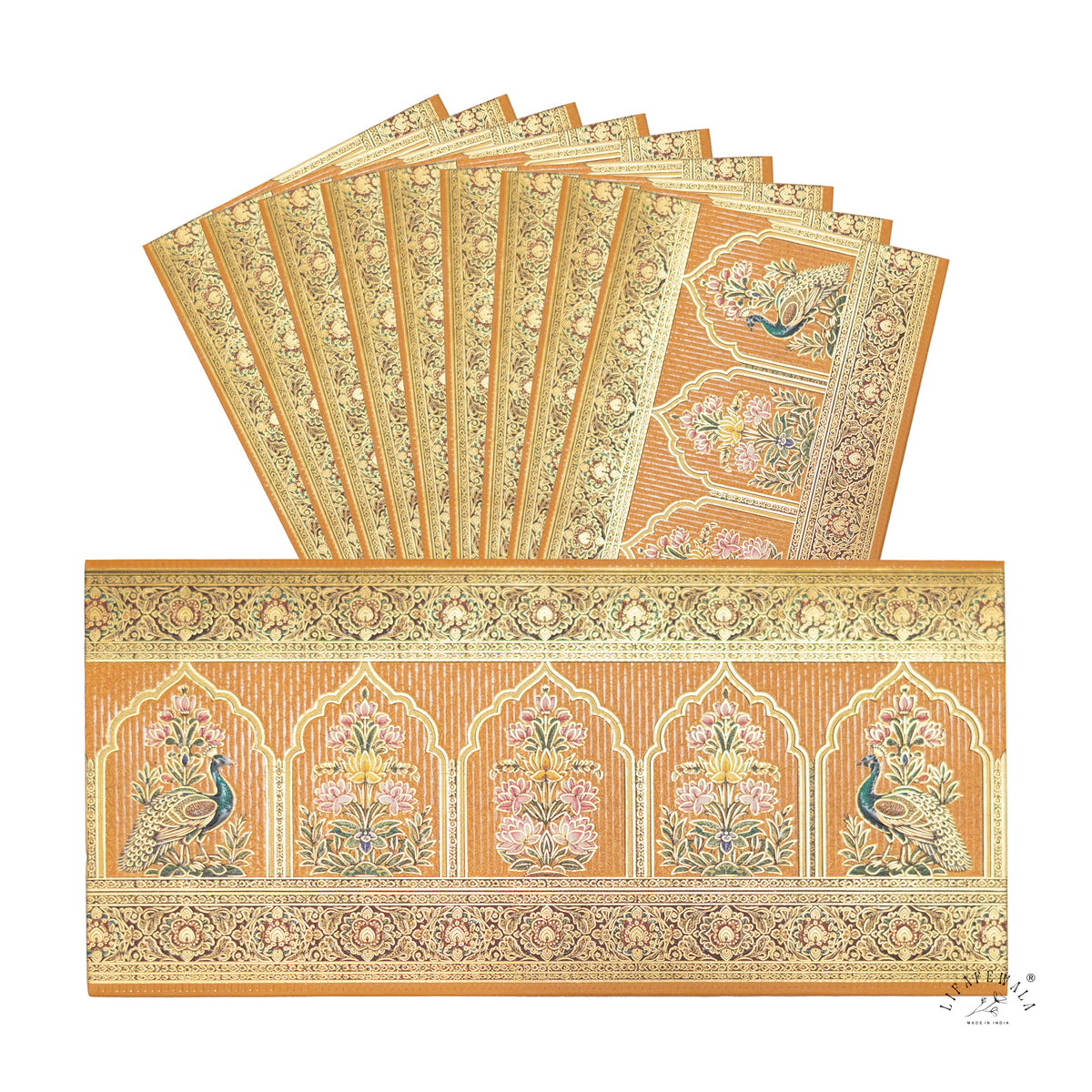 Mughal Arch Peacock & Lotus matte UV shagun envelope by LIFAFEWALA – pack with front view