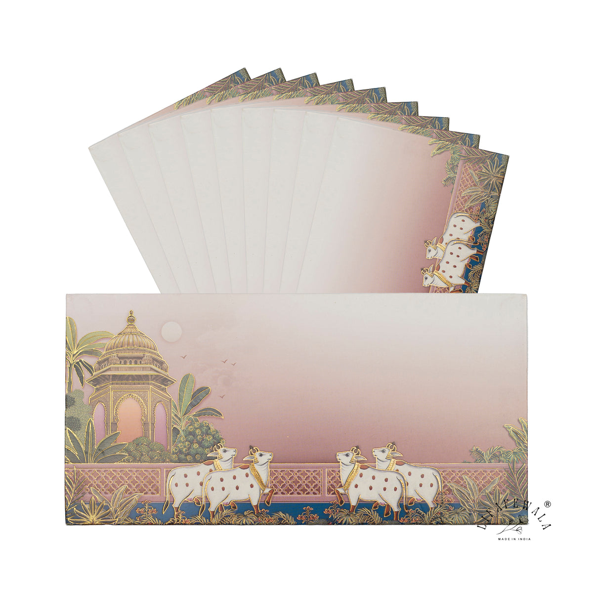 Pichwai Cows and Chhatri digital print shagun envelope by LIFAFEWALA – pack with front view