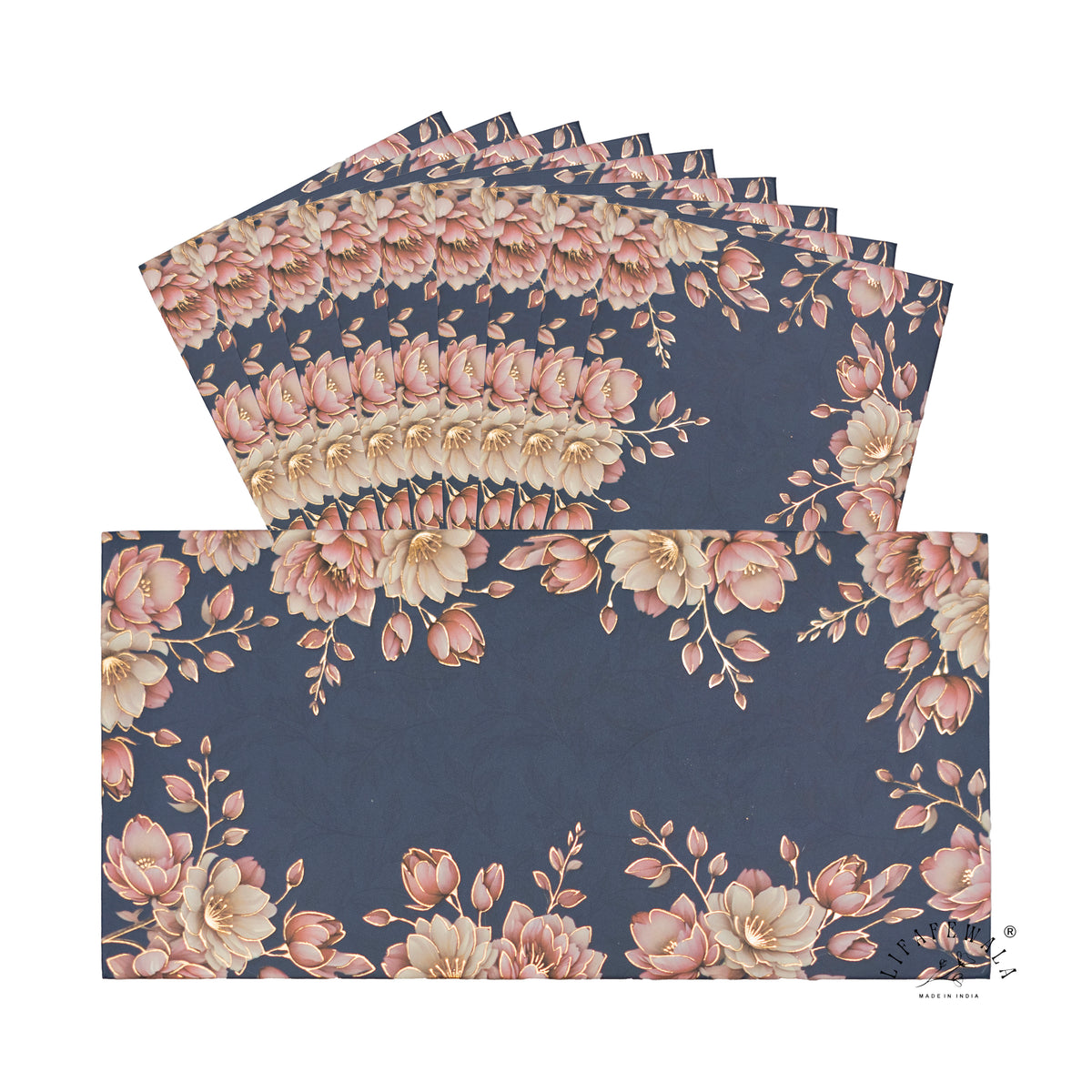 Navy Blue Blush Blossom matte shagun envelope by LIFAFEWALA – pack with front view