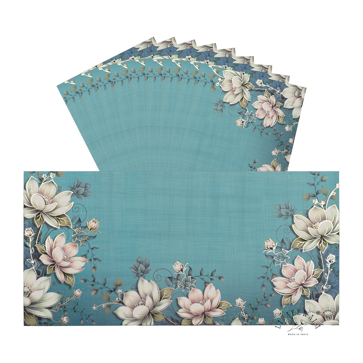 Teal Lotus Garden velvet shagun envelope by LIFAFEWALA – pack with front view